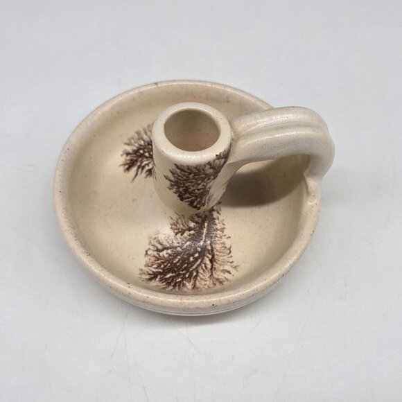 Vintage Ceramic Chamberstick Candle Holder Handle & Rustic Brown Pinecone Design - Picture 2 of 7